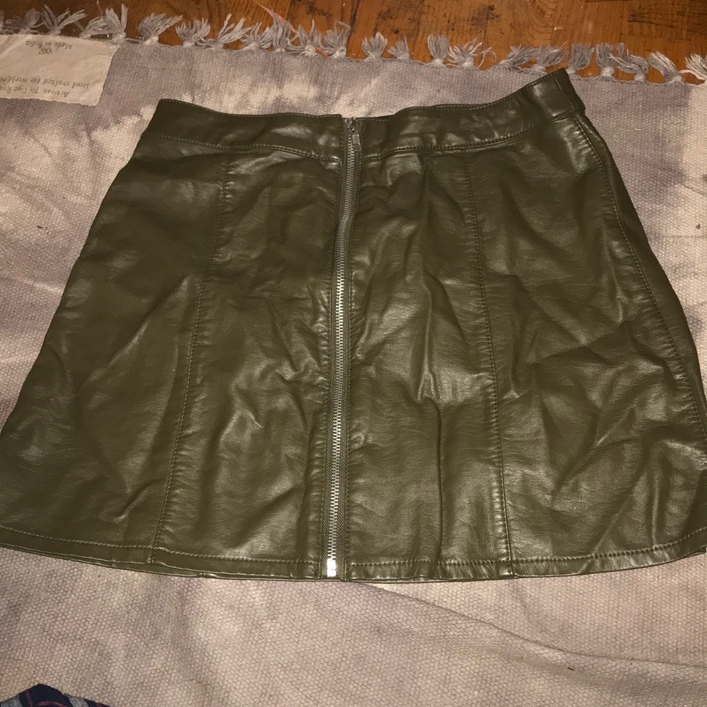 Army green zip up leather skirt